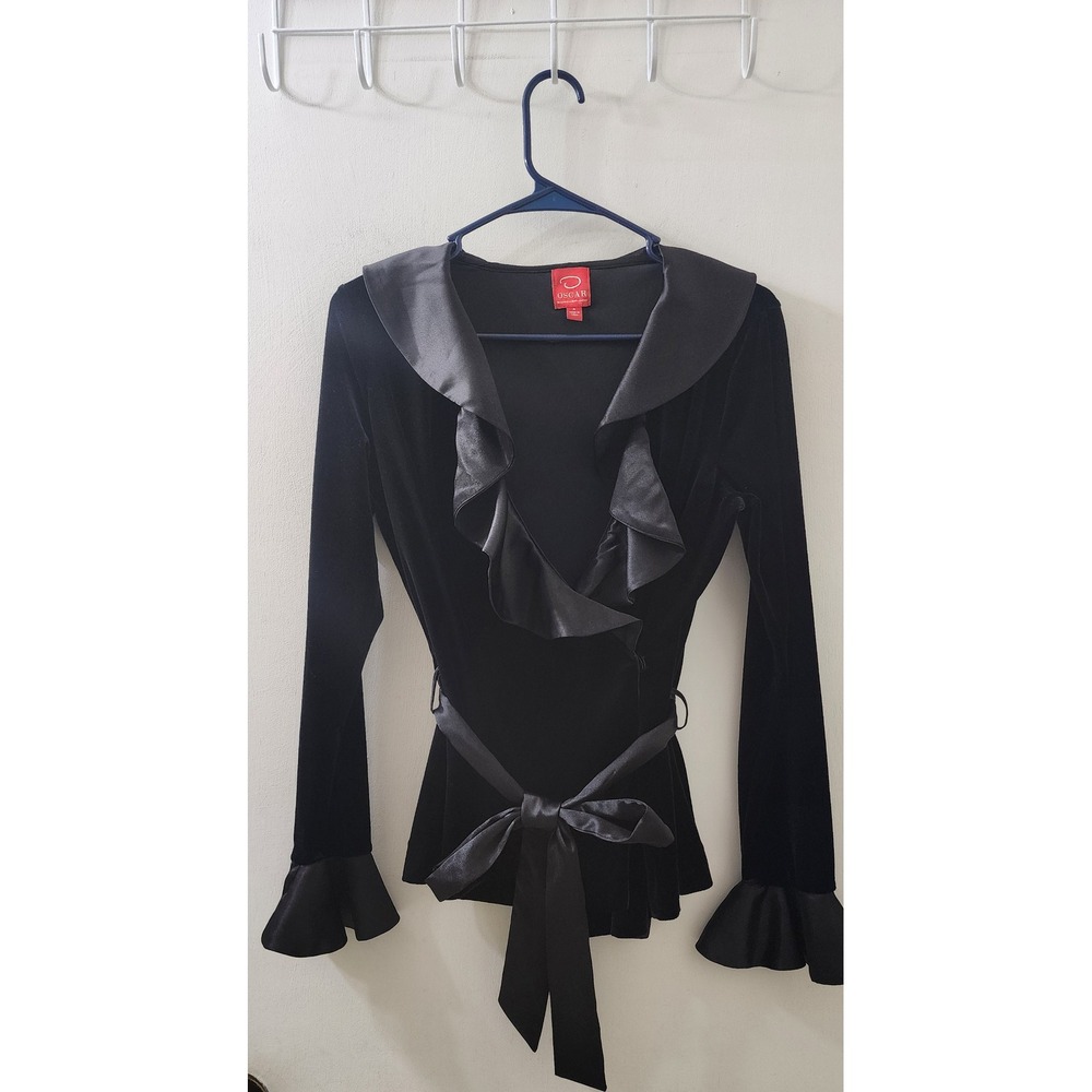 Oscar de la Renta Velvet Wrap Top Black Satin Ruffle Collar Bell Cuff Blouse 4